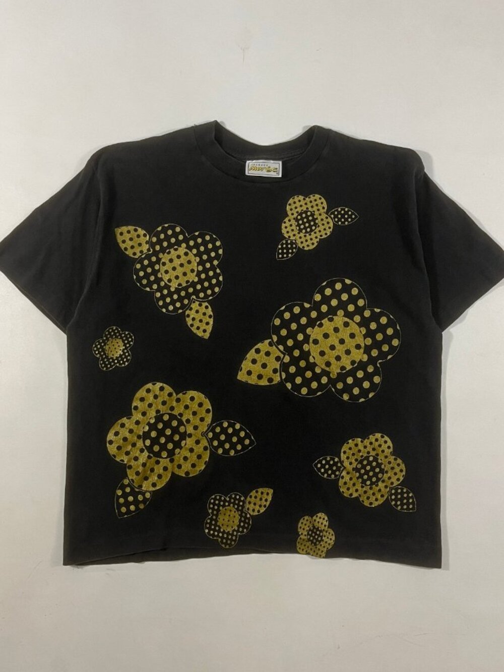Vintage 90s Jacques Moret Black Metallic Gold Floral Polka Dot Allover Print Tee